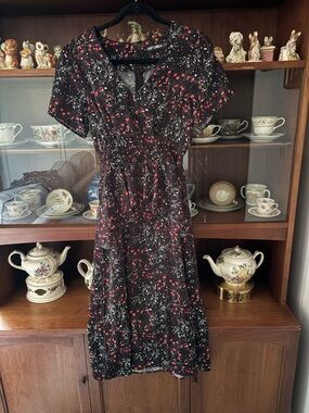Disturbia Black Midi Peplum Dress with Red and White Floral Print